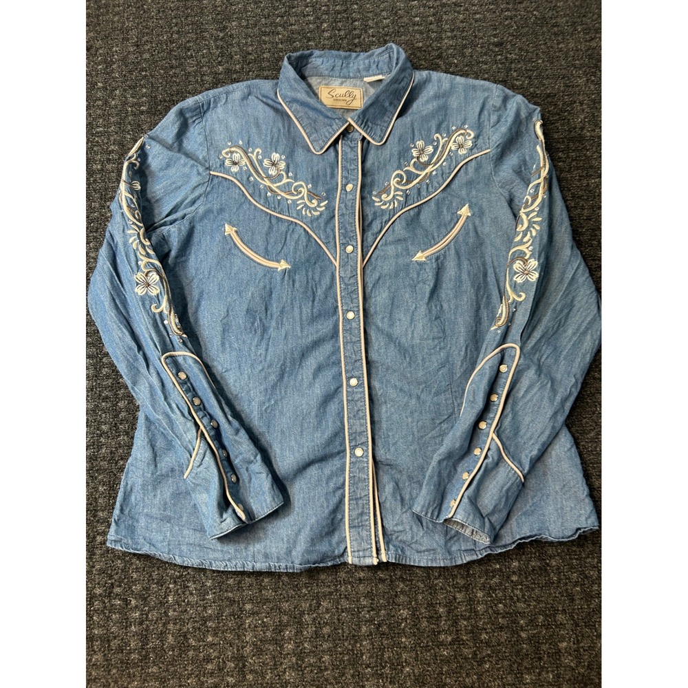 Scully Womens Western Denim Snap Shirt Floral Embroidered Rhinestone Blue PL-863
